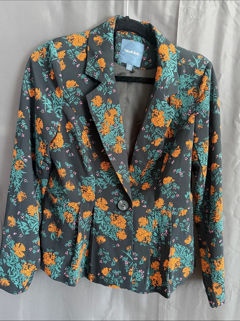 Modcloth Black Blazer with Orange Floral & Teal Leaves